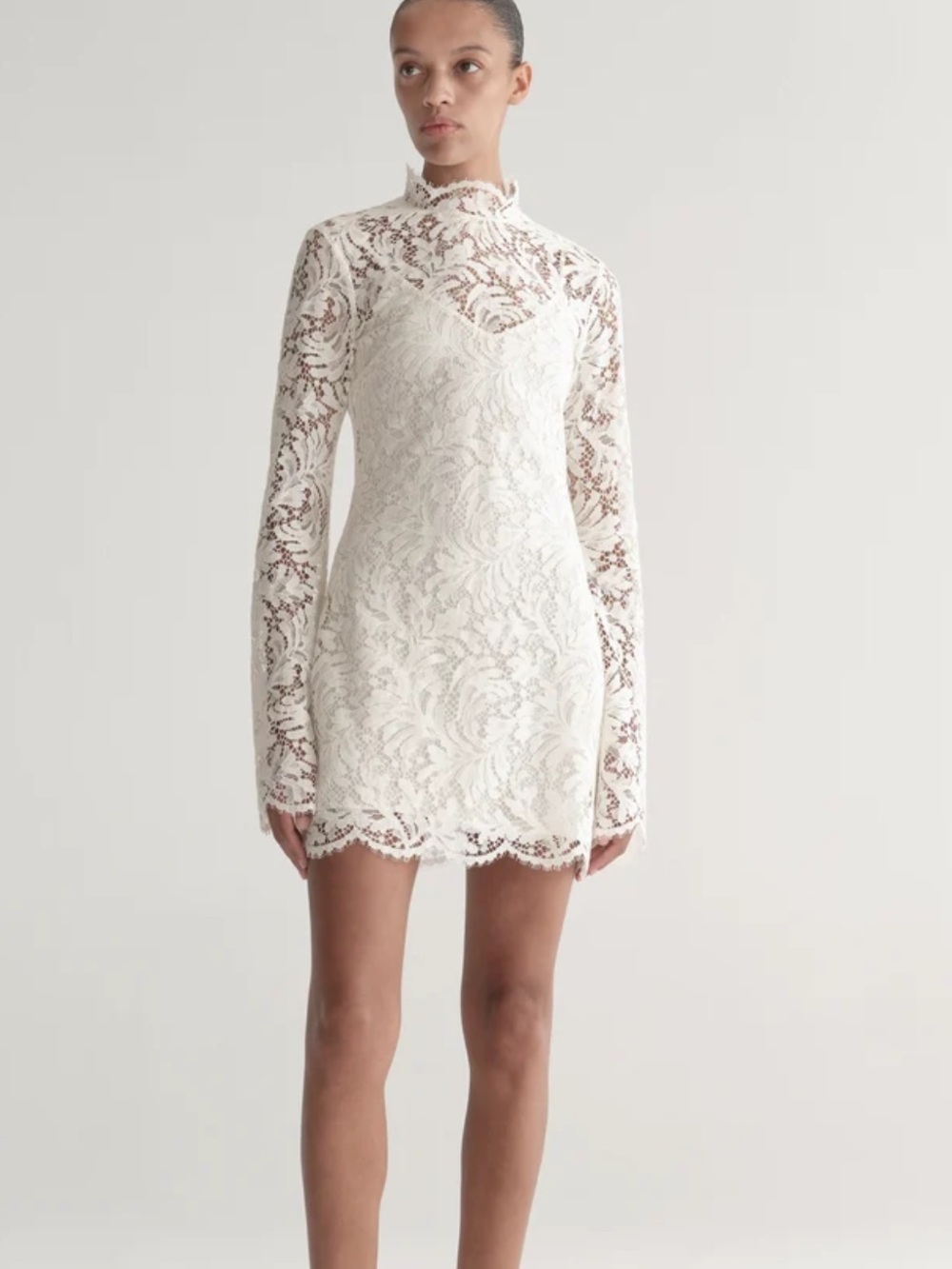 Long-Sleeve White Lace Mini Dress